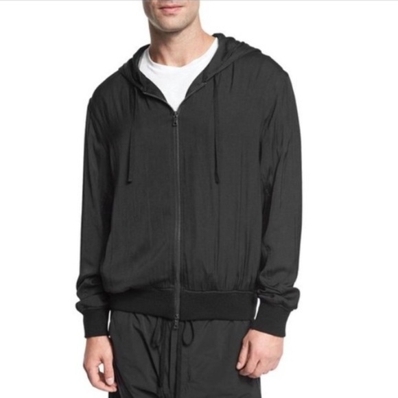 Vince Black Satin Cotton Merino Wool Trim Zip Up Hoodie Jacket - Picture 2 of 8